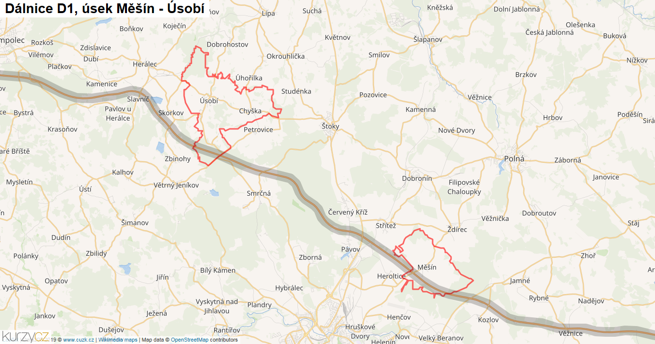 Úsek Měšín - Úsobí, Dálnice D1 - Mapa