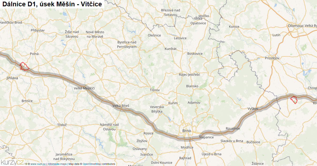 Úsek Měšín - Vitčice, Dálnice D1 - Mapa