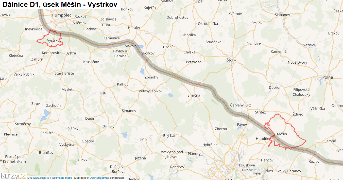 Úsek Měšín - Vystrkov, Dálnice D1 - Mapa