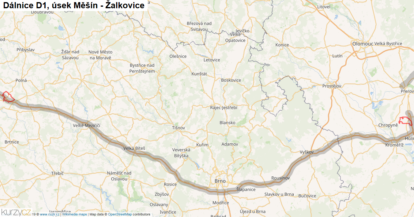 Úsek Měšín - Žalkovice, Dálnice D1 - Mapa