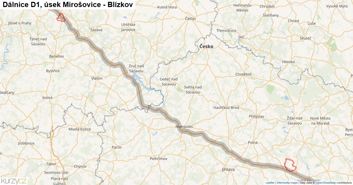 Úsek Mirošovice - Blízkov, Dálnice D1 - Mapa