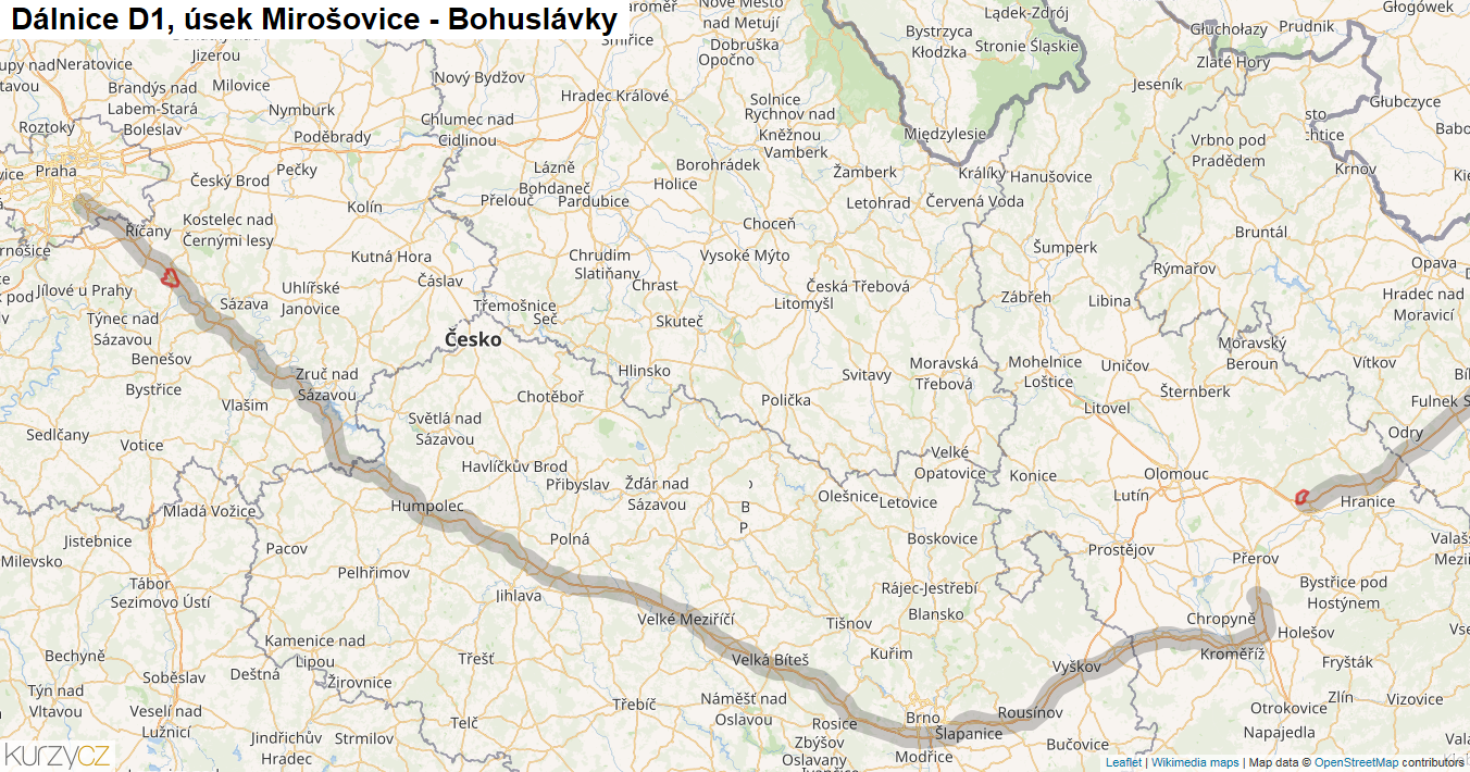 Úsek Mirošovice - Bohuslávky, Dálnice D1 - Mapa
