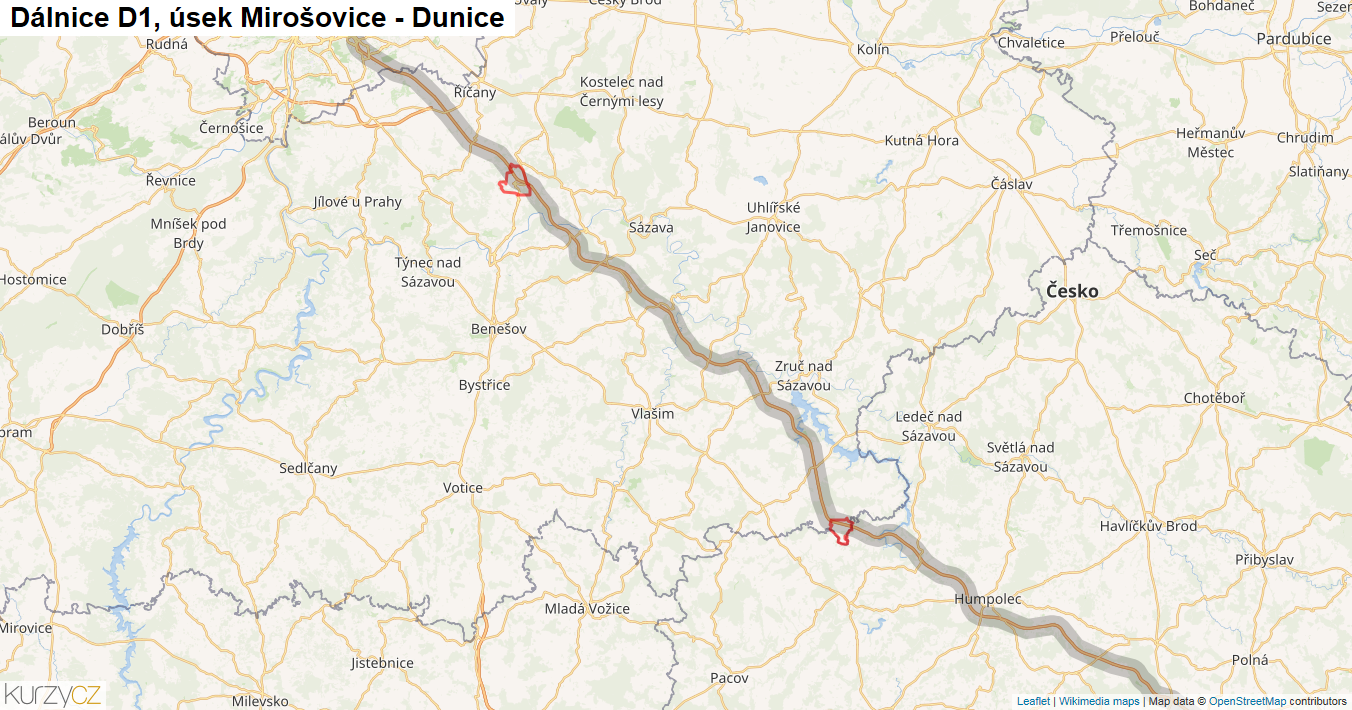 Úsek Mirošovice - Dunice, Dálnice D1 - Mapa