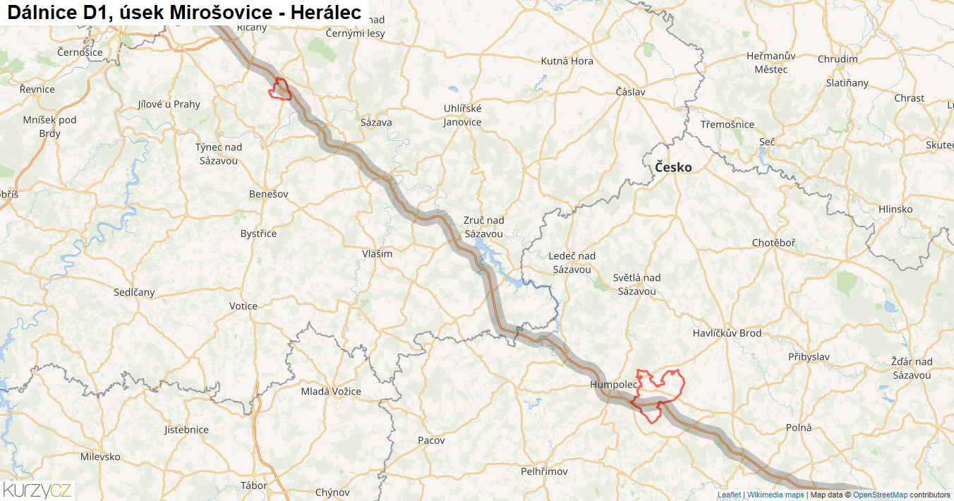 Úsek Mirošovice - Herálec, Dálnice D1 - Mapa
