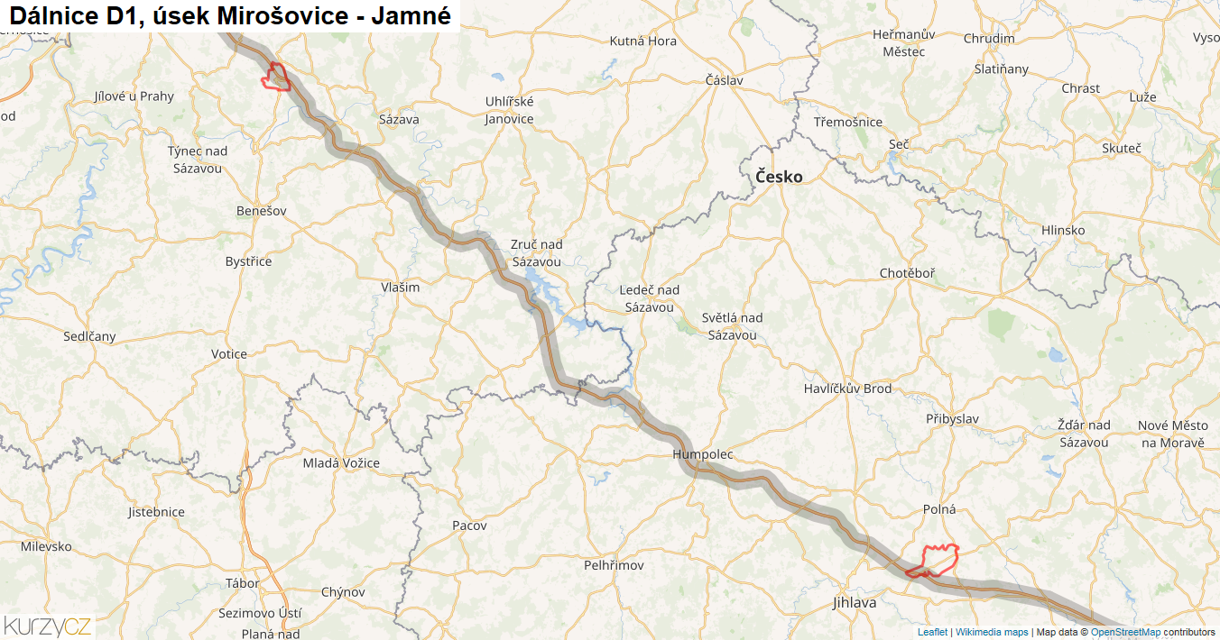Úsek Mirošovice - Jamné, Dálnice D1 - Mapa