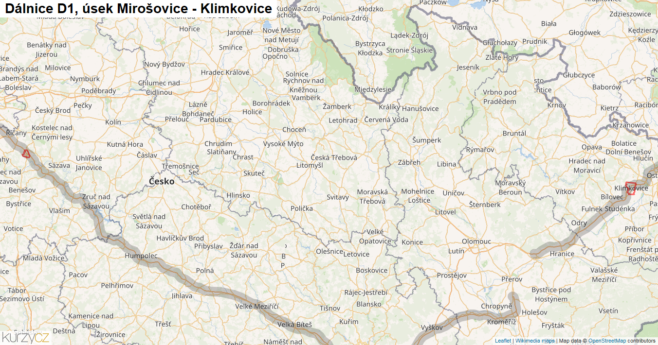 Úsek Mirošovice - Klimkovice, Dálnice D1 - Mapa
