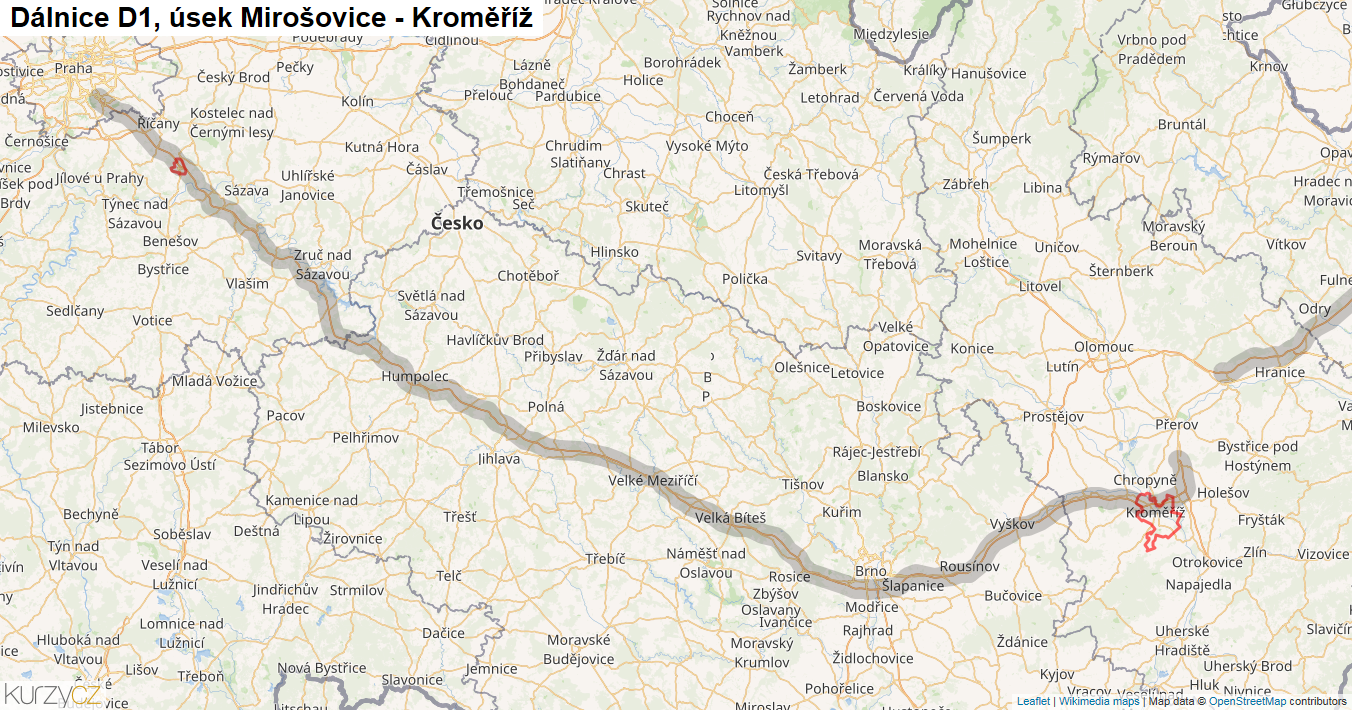 Úsek Mirošovice - Kroměříž, Dálnice D1 - Mapa