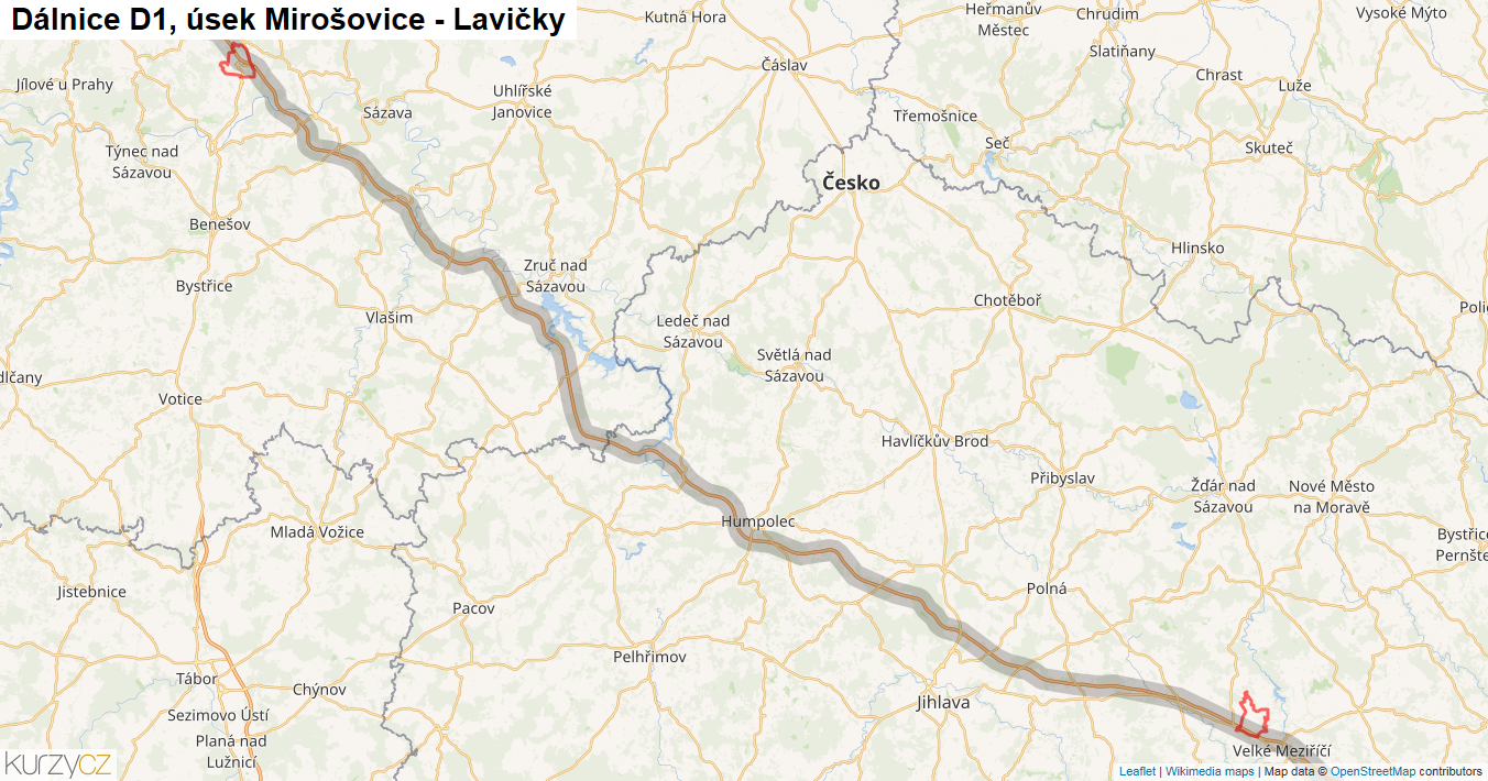 Úsek Mirošovice - Lavičky, Dálnice D1 - Mapa