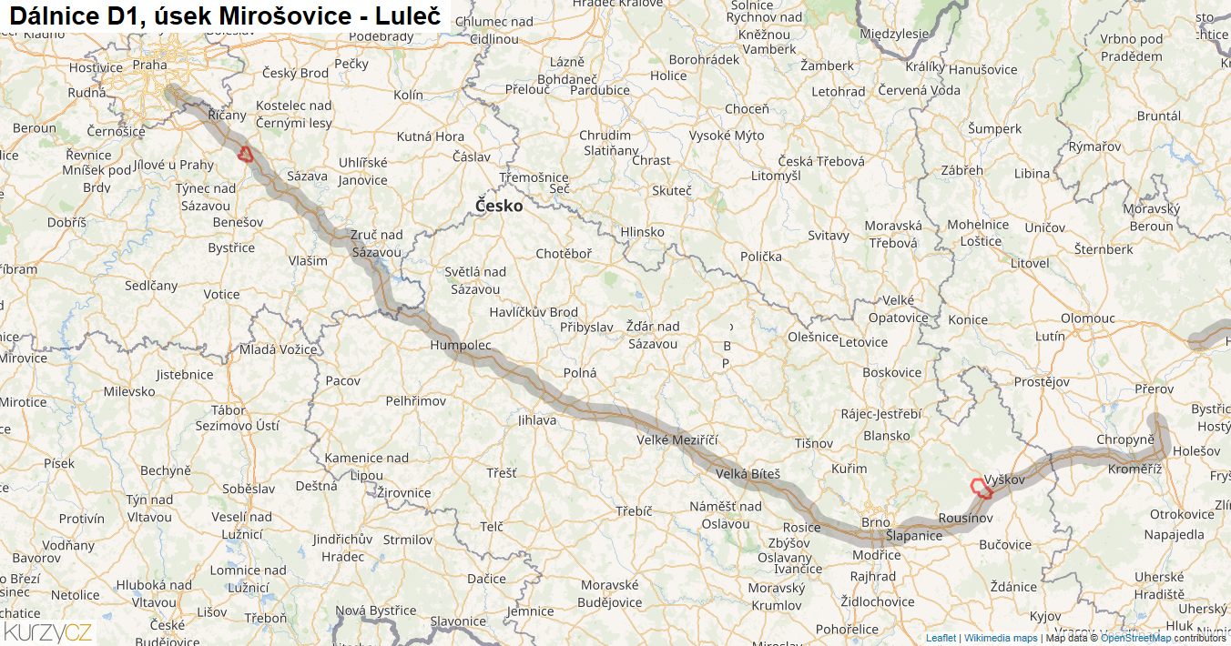 Úsek Mirošovice - Luleč, Dálnice D1 - Mapa