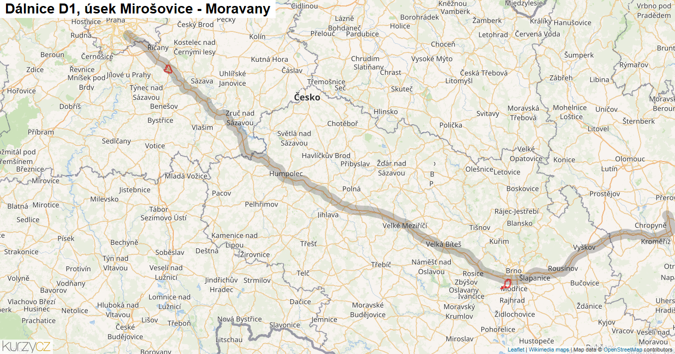 Úsek Mirošovice - Moravany, Dálnice D1 - Mapa