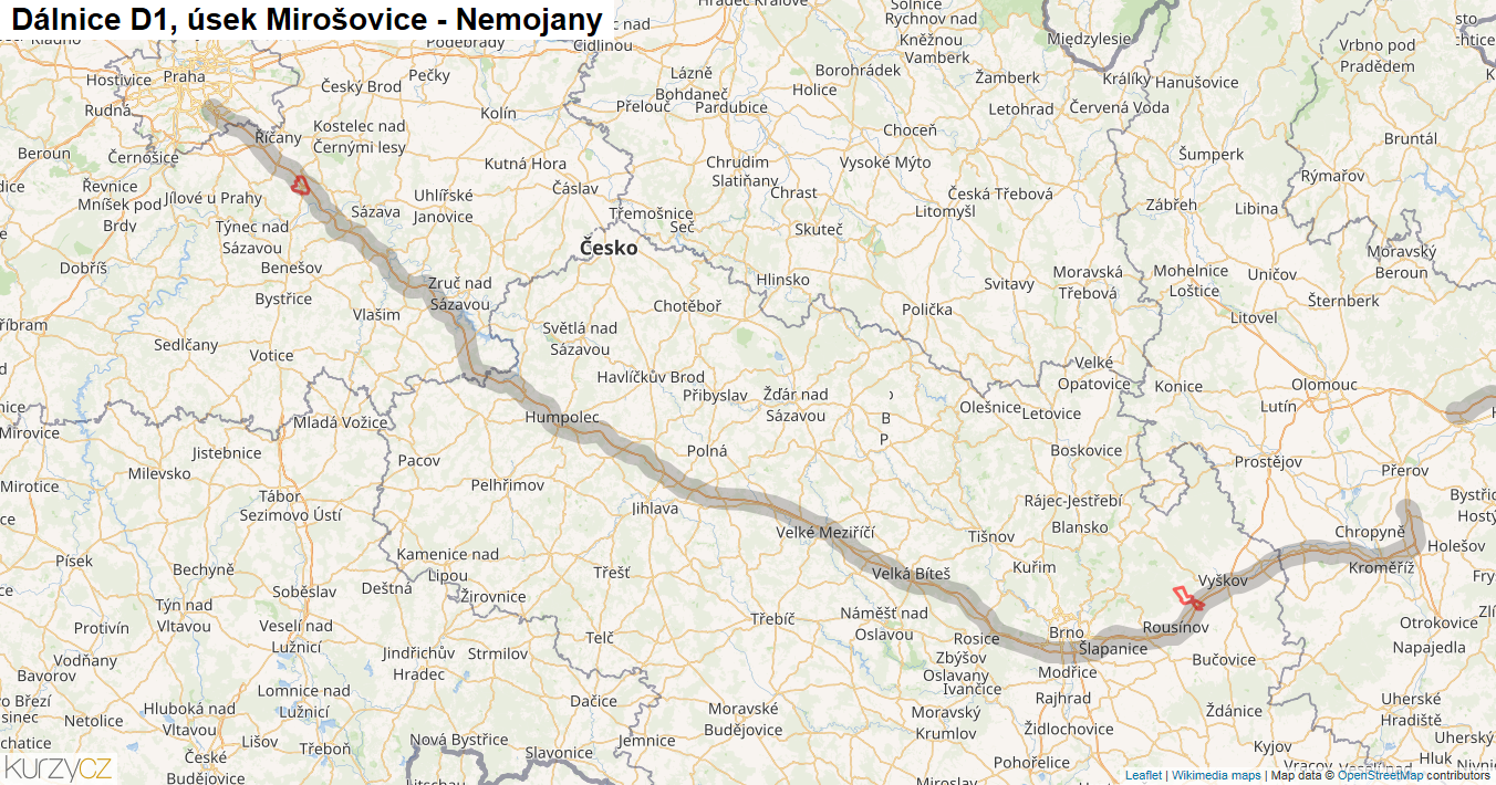 Úsek Mirošovice - Nemojany, Dálnice D1 - Mapa