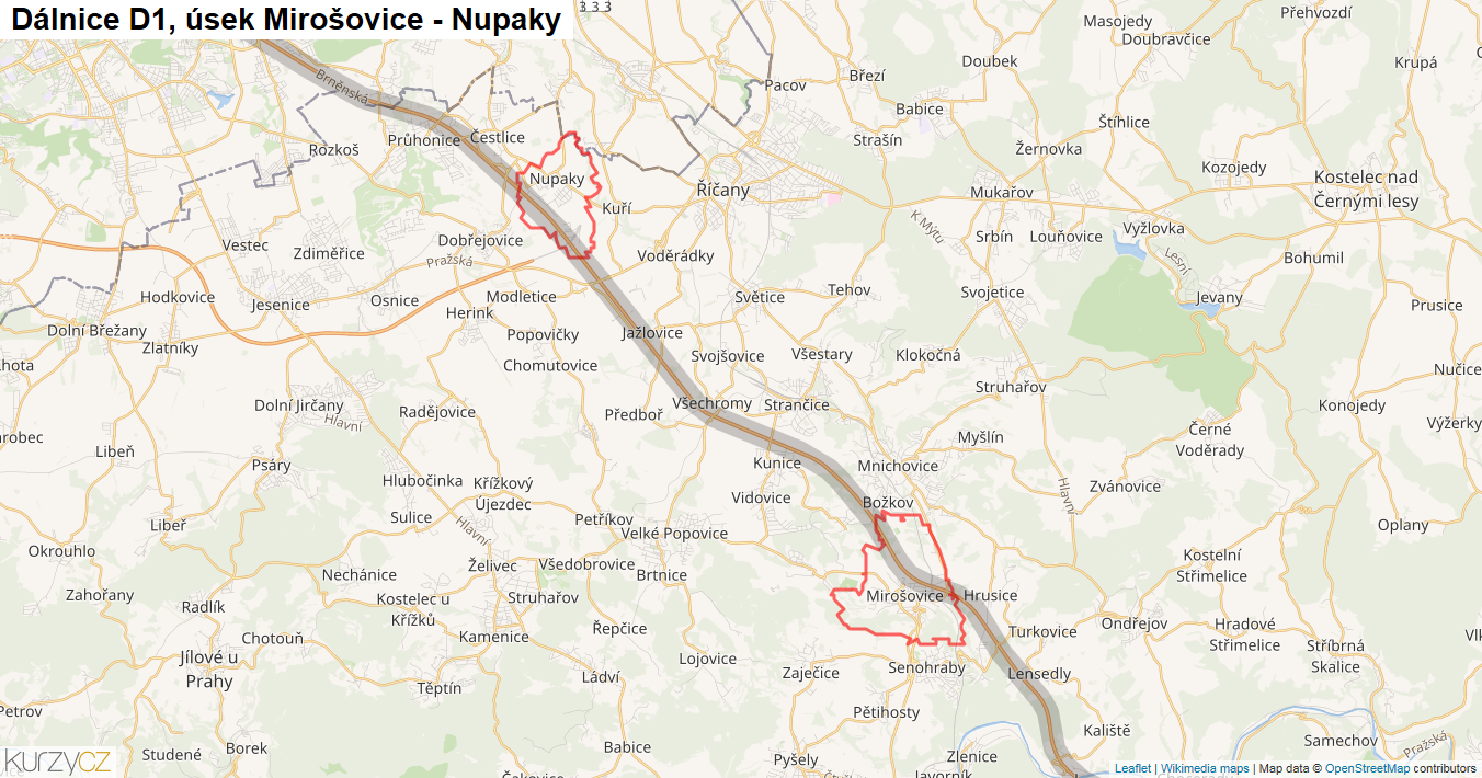 Úsek Mirošovice - Nupaky, Dálnice D1 - Mapa