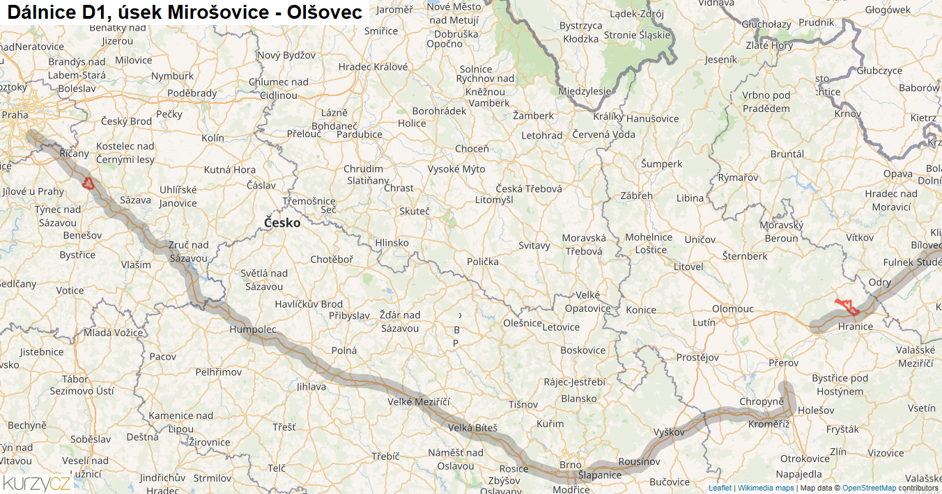 Úsek Mirošovice - Olšovec, Dálnice D1 - Mapa