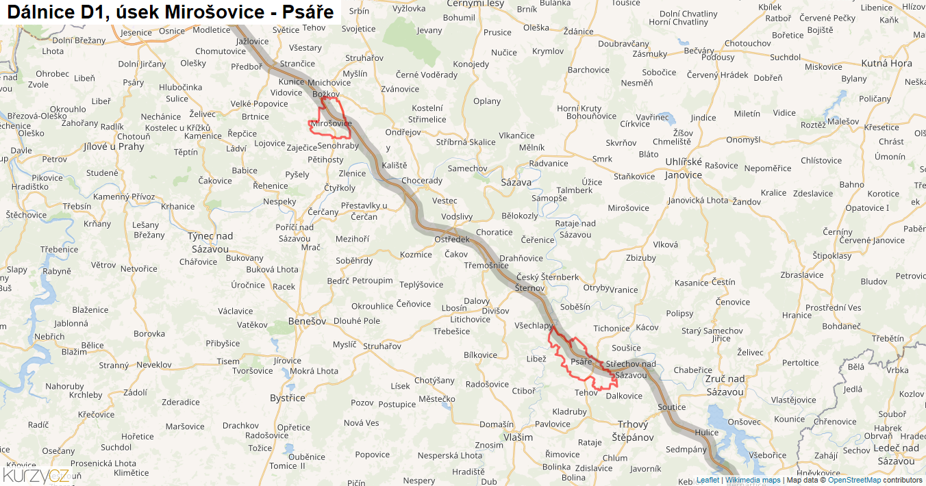 Úsek Mirošovice - Psáře, Dálnice D1 - Mapa