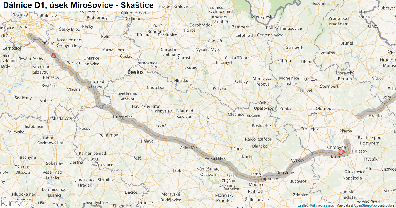 Úsek Mirošovice - Skaštice, Dálnice D1 - Mapa