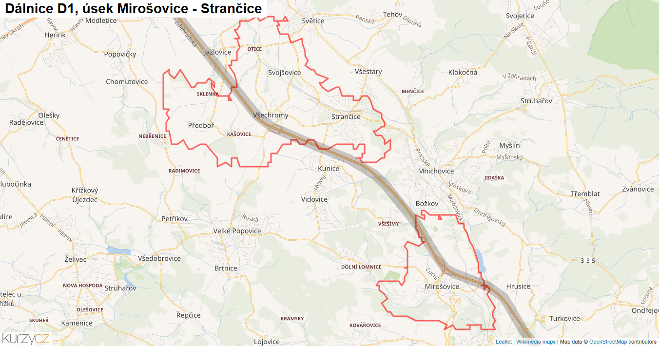 Úsek Mirošovice - Strančice, Dálnice D1 - Mapa