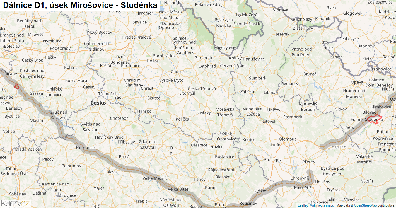 Úsek Mirošovice - Studénka, Dálnice D1 - Mapa