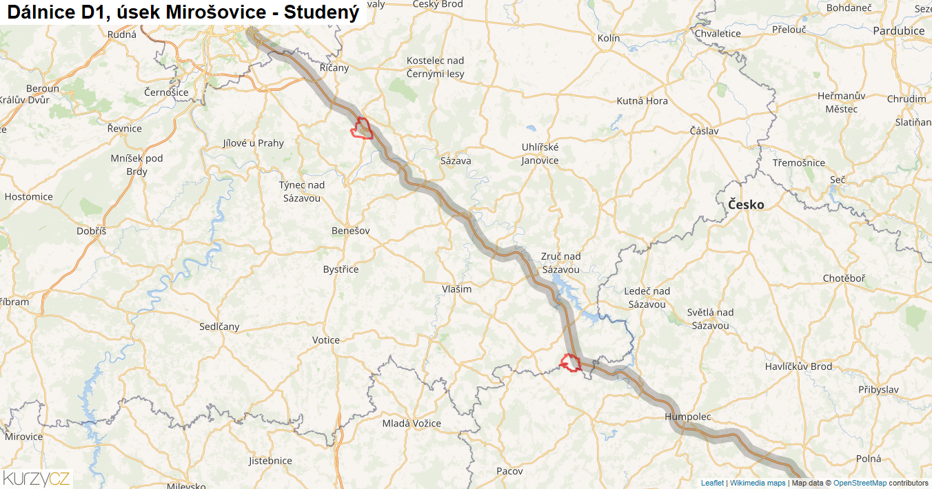 Úsek Mirošovice - Studený, Dálnice D1 - Mapa