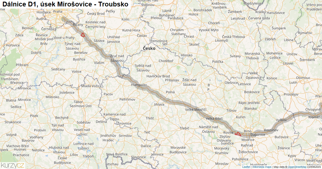 Úsek Mirošovice - Troubsko, Dálnice D1 - Mapa
