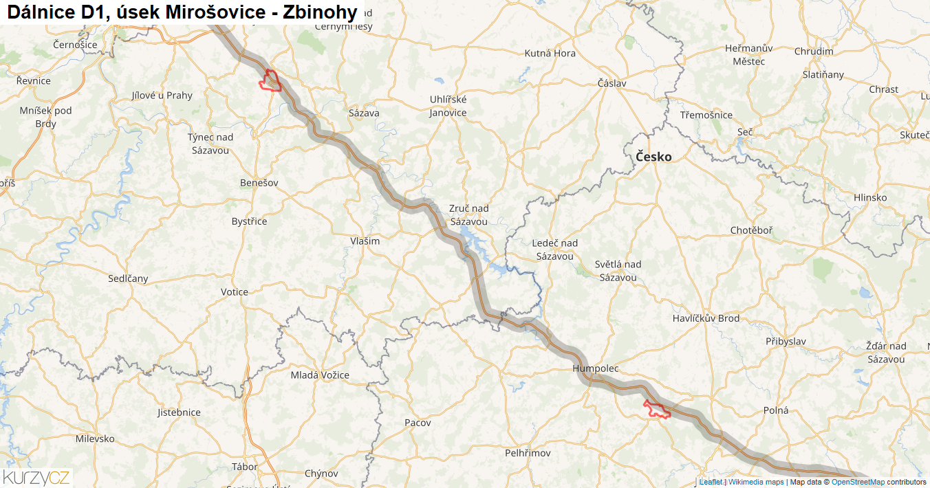 Úsek Mirošovice - Zbinohy, Dálnice D1 - Mapa