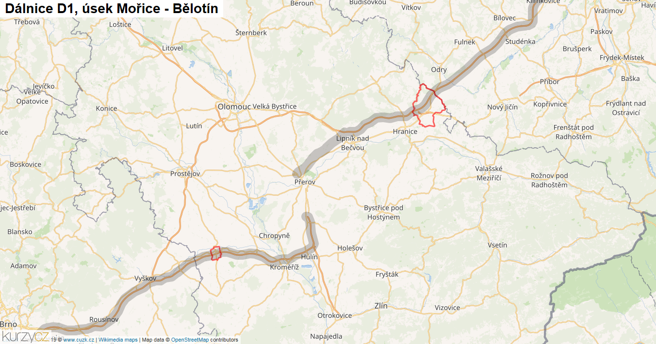 Úsek Mořice - Bělotín, Dálnice D1 - Mapa