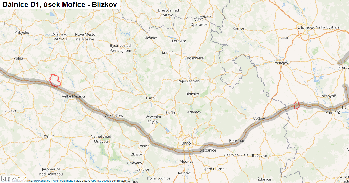 Úsek Mořice - Blízkov, Dálnice D1 - Mapa