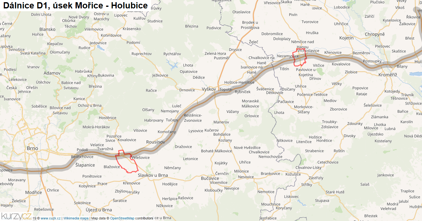 Úsek Mořice - Holubice, Dálnice D1 - Mapa