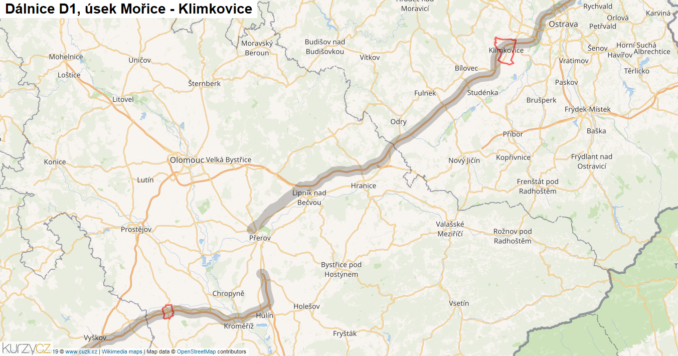 Úsek Mořice - Klimkovice, Dálnice D1 - Mapa