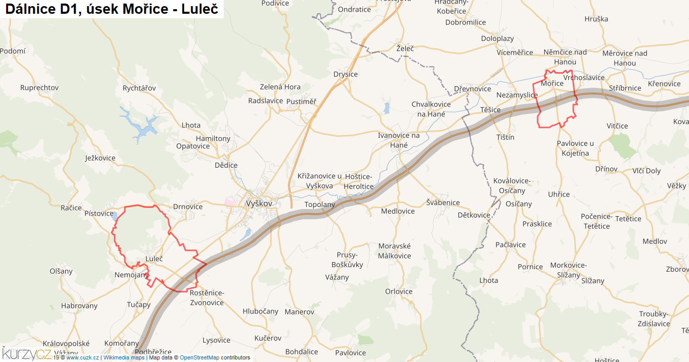 Úsek Mořice - Luleč, Dálnice D1 - Mapa