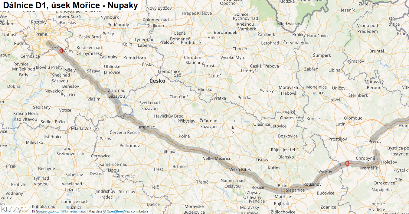 Úsek Mořice - Nupaky, Dálnice D1 - Mapa