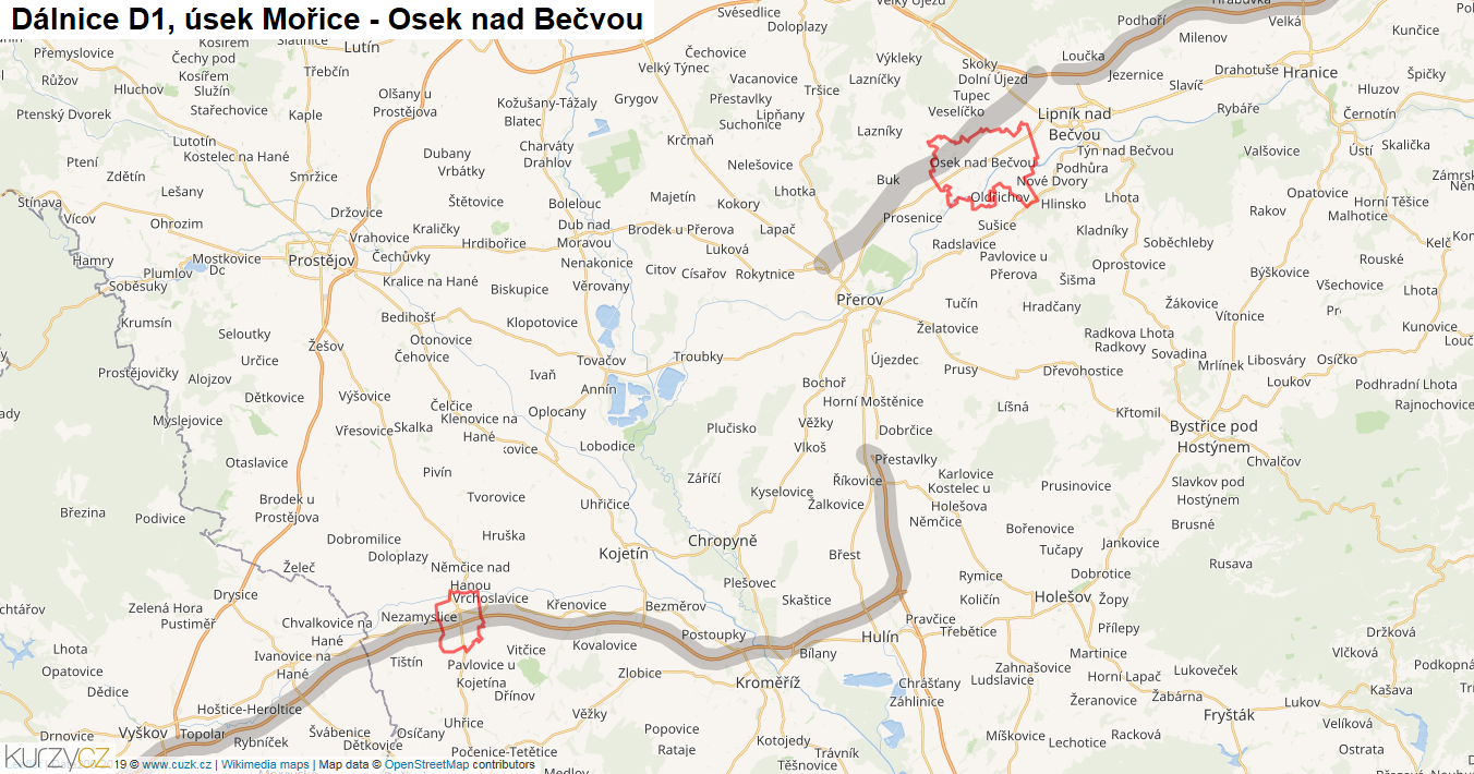 Úsek Mořice - Osek nad Bečvou, Dálnice D1 - Mapa