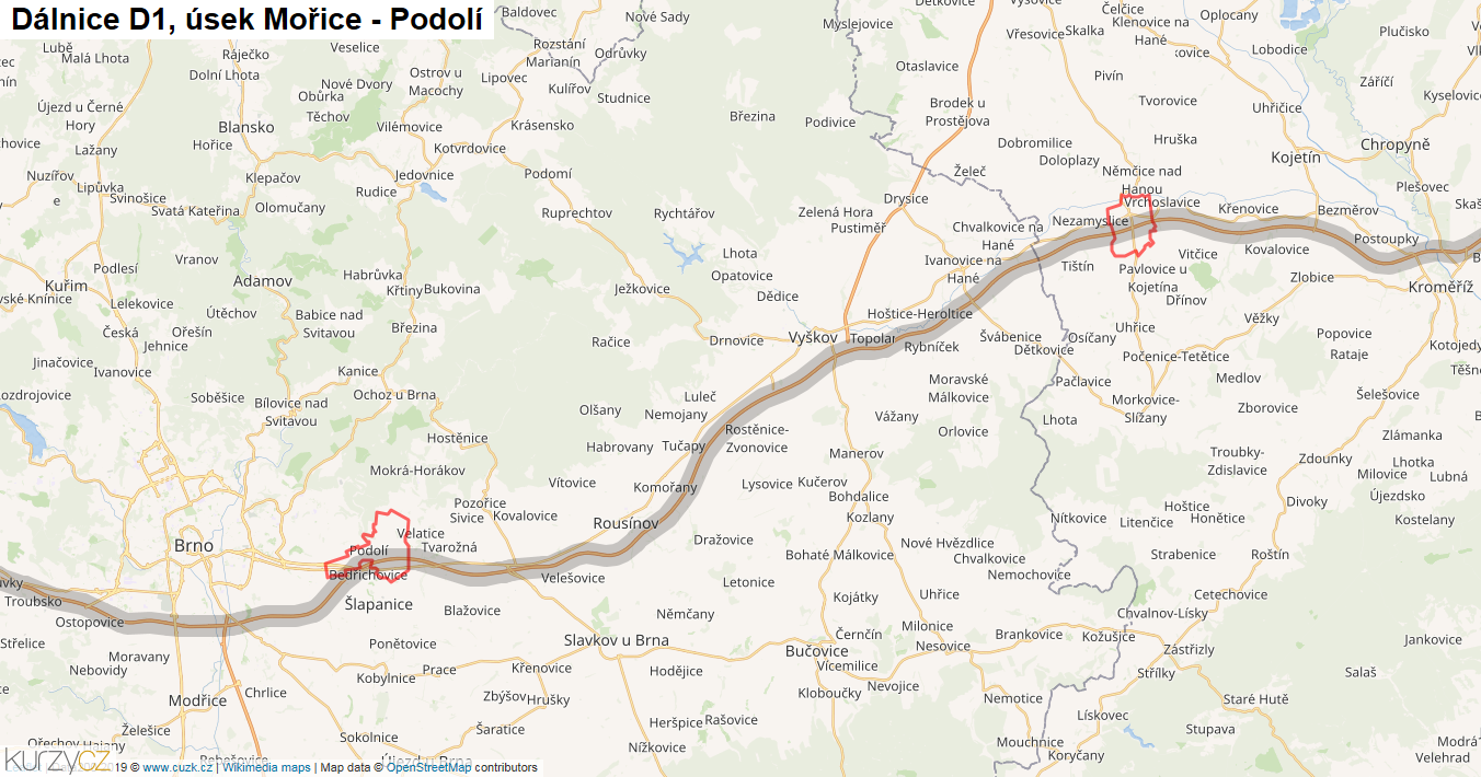 Úsek Mořice - Podolí, Dálnice D1 - Mapa