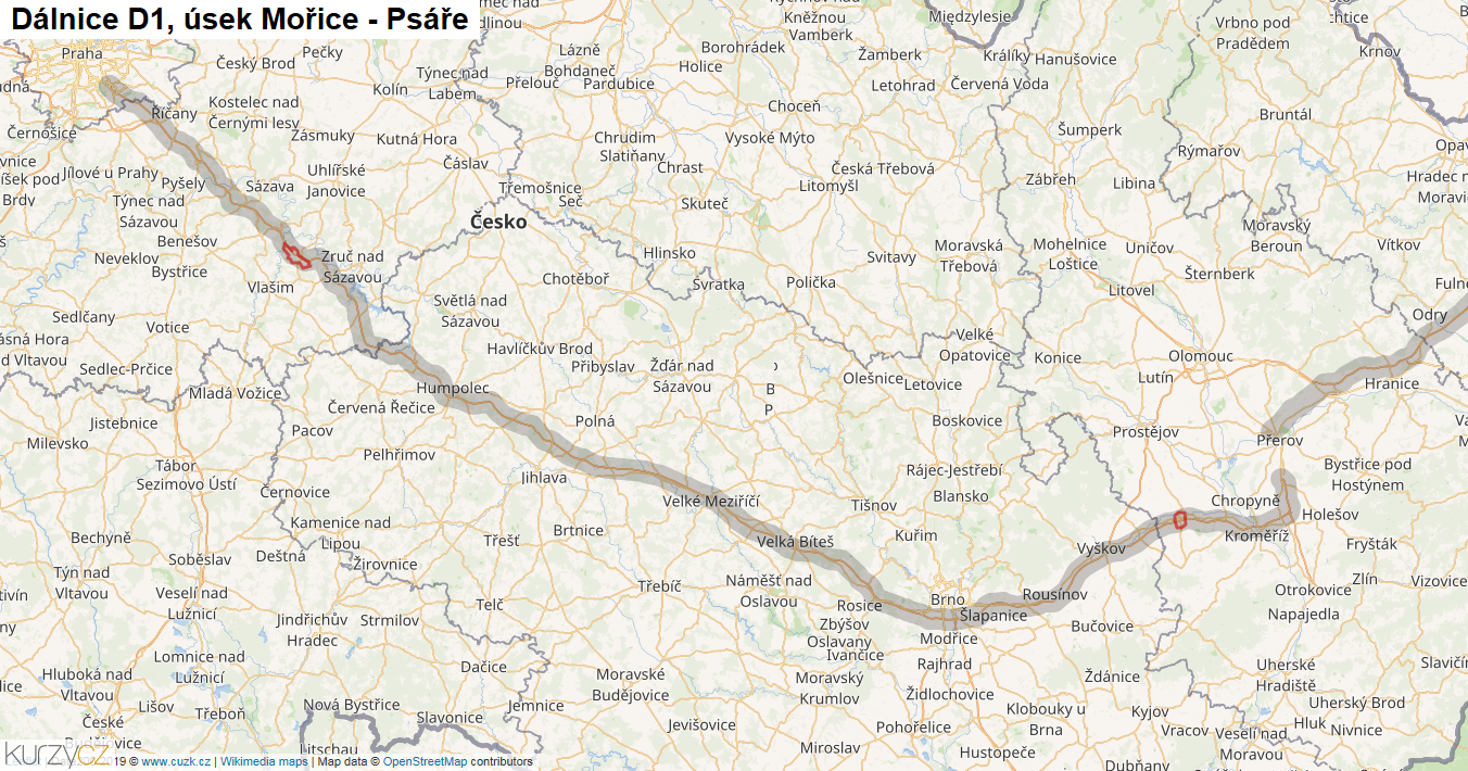Úsek Mořice - Psáře, Dálnice D1 - Mapa