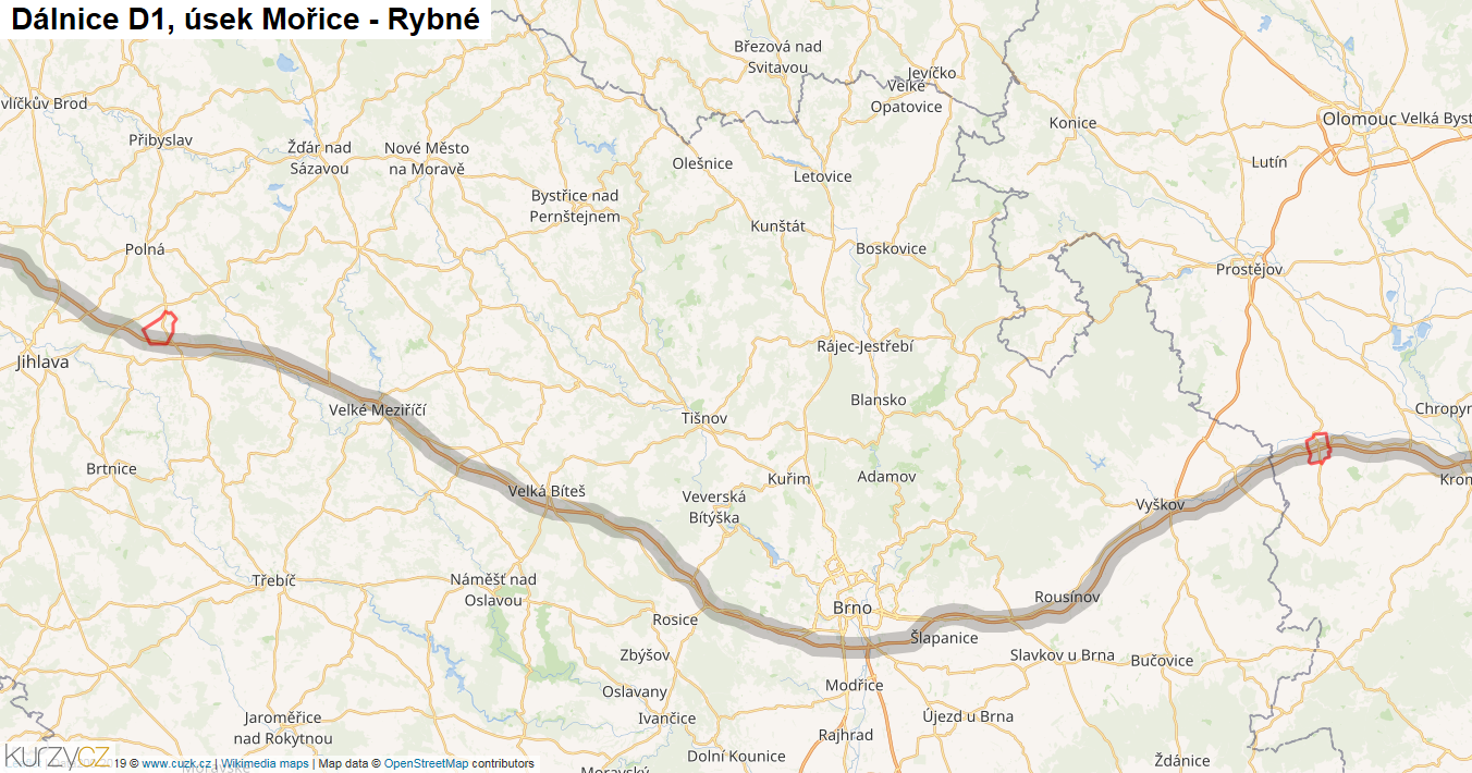 Úsek Mořice - Rybné, Dálnice D1 - Mapa