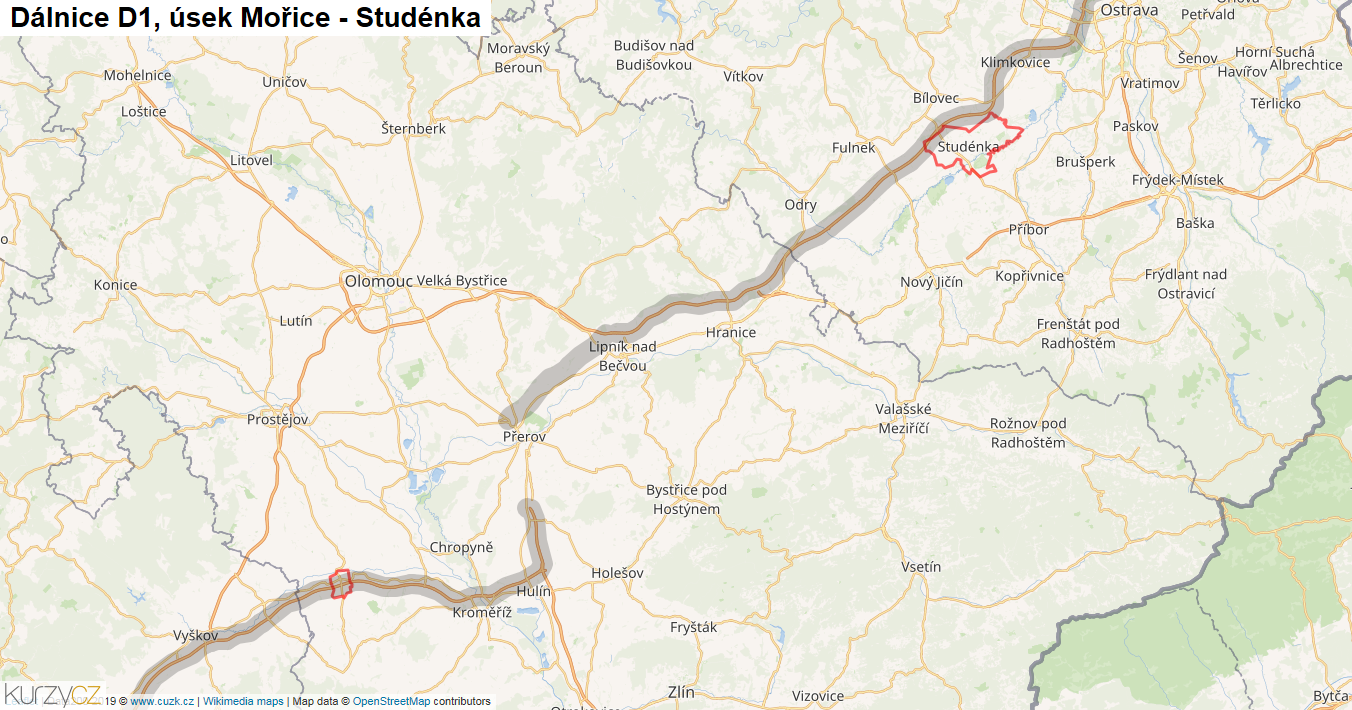 Úsek Mořice - Studénka, Dálnice D1 - Mapa
