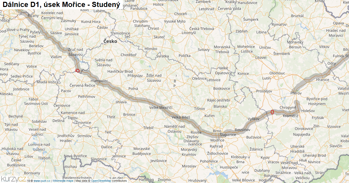 Úsek Mořice - Studený, Dálnice D1 - Mapa