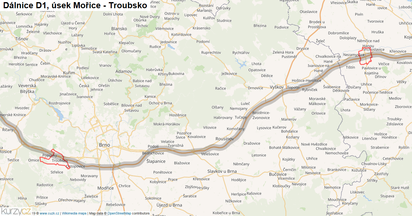 Úsek Mořice - Troubsko, Dálnice D1 - Mapa