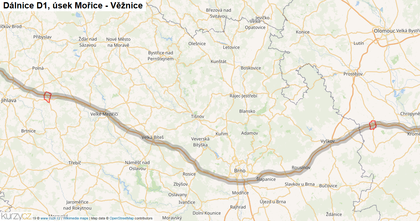 Úsek Mořice - Věžnice, Dálnice D1 - Mapa