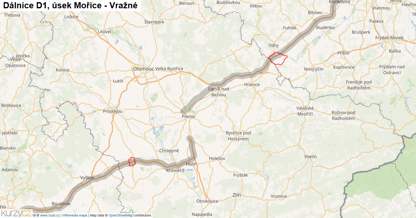 Úsek Mořice - Vražné, Dálnice D1 - Mapa