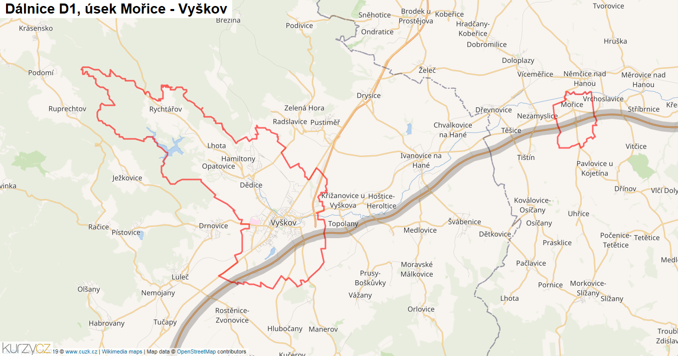 Úsek Mořice - Vyškov, Dálnice D1 - Mapa