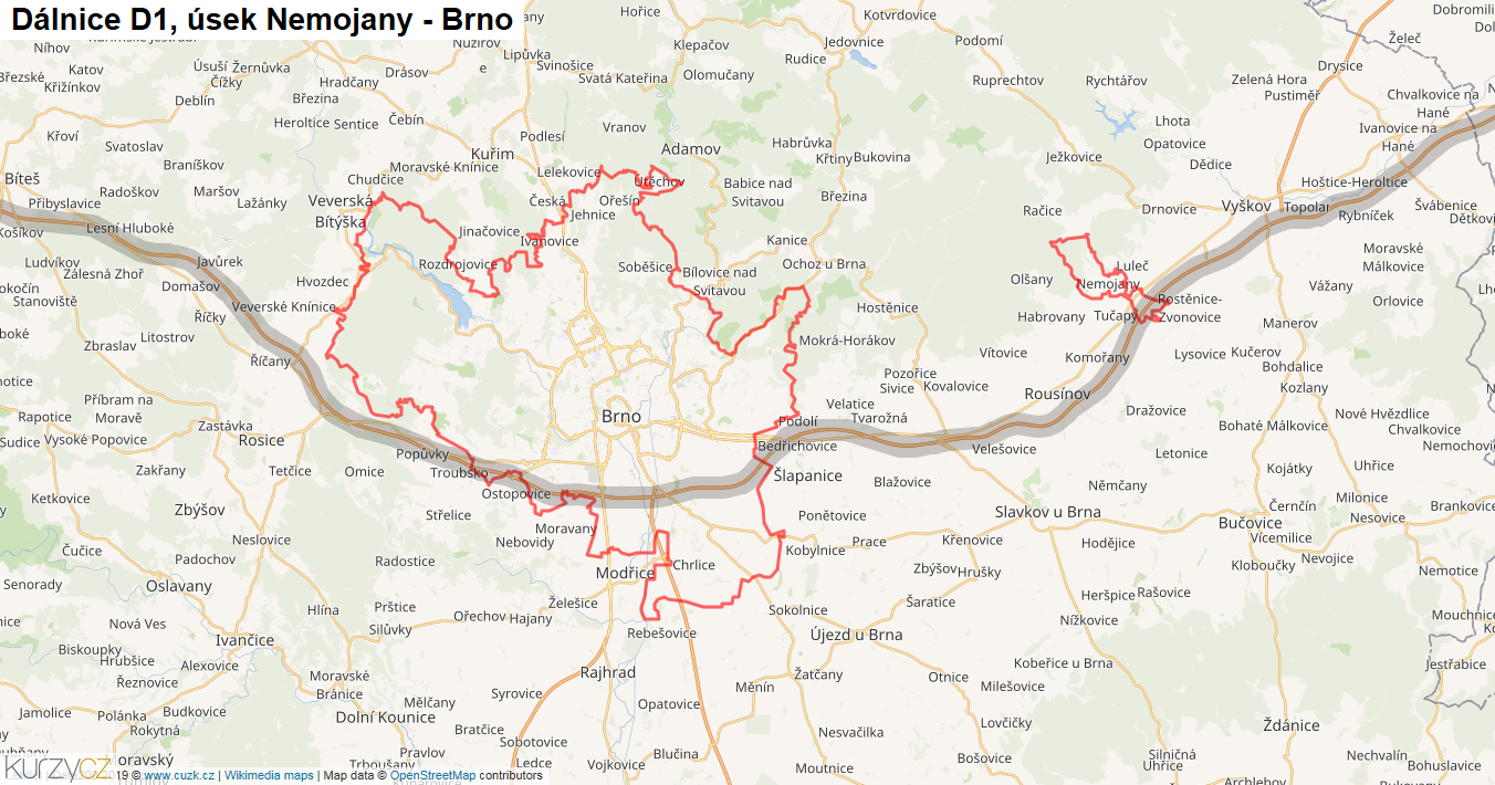 Úsek Nemojany - Brno, Dálnice D1 - Mapa