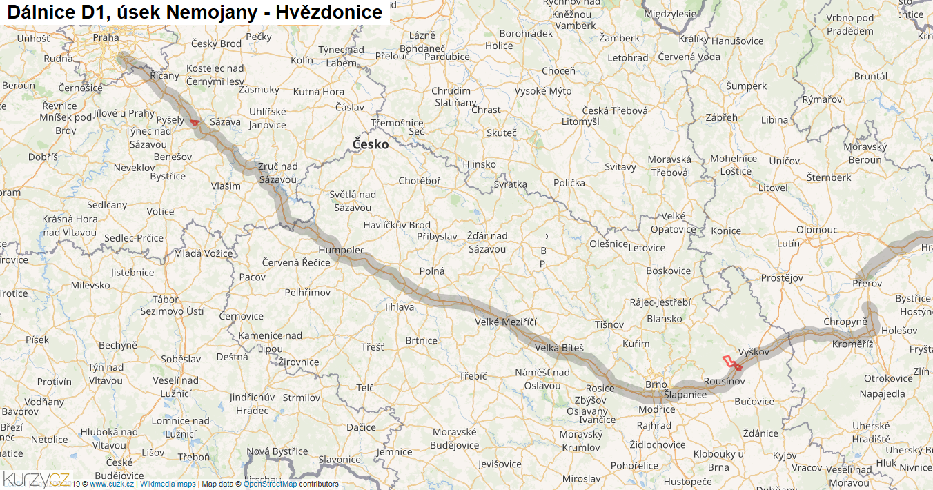 Úsek Nemojany - Hvězdonice, Dálnice D1 - Mapa
