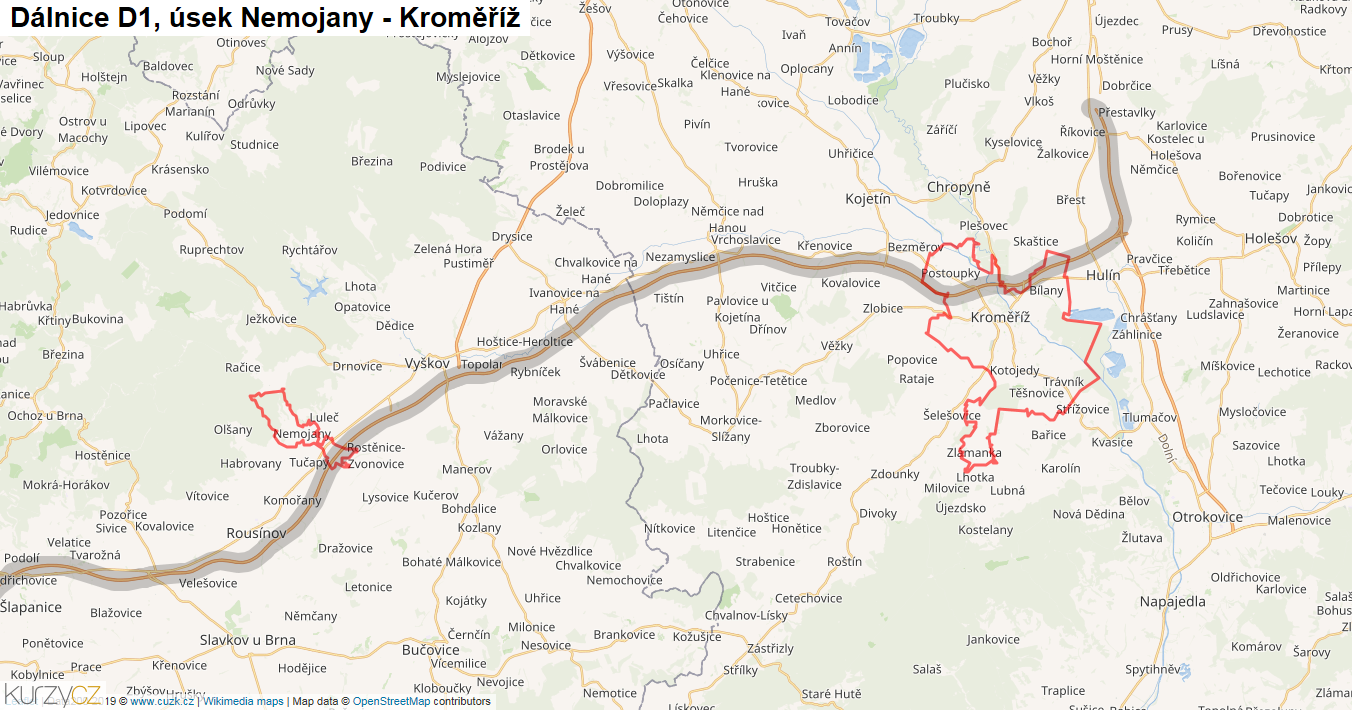 Úsek Nemojany - Kroměříž, Dálnice D1 - Mapa