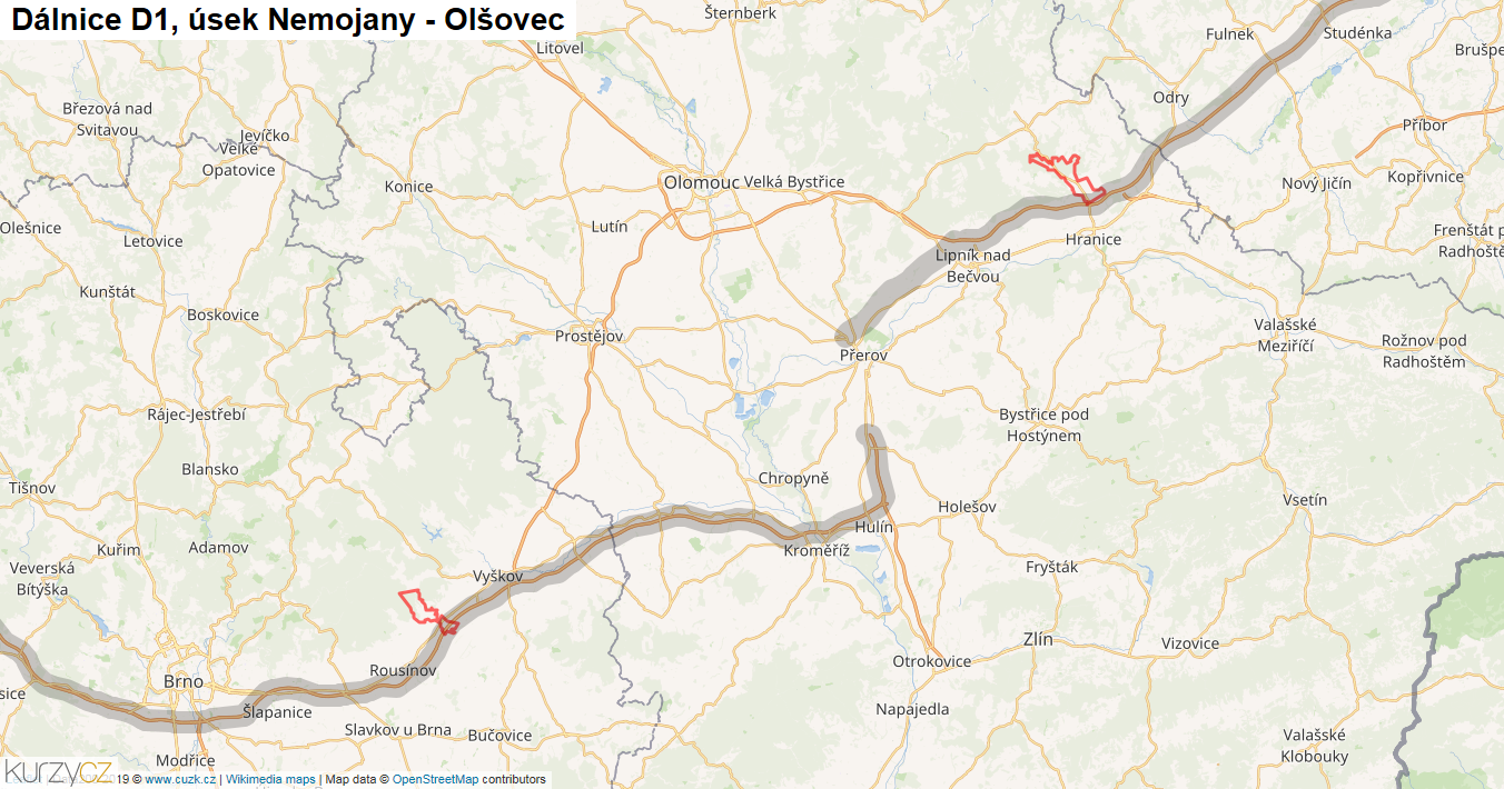 Úsek Nemojany - Olšovec, Dálnice D1 - Mapa