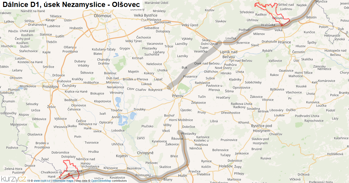 Úsek Nezamyslice - Olšovec, Dálnice D1 - Mapa