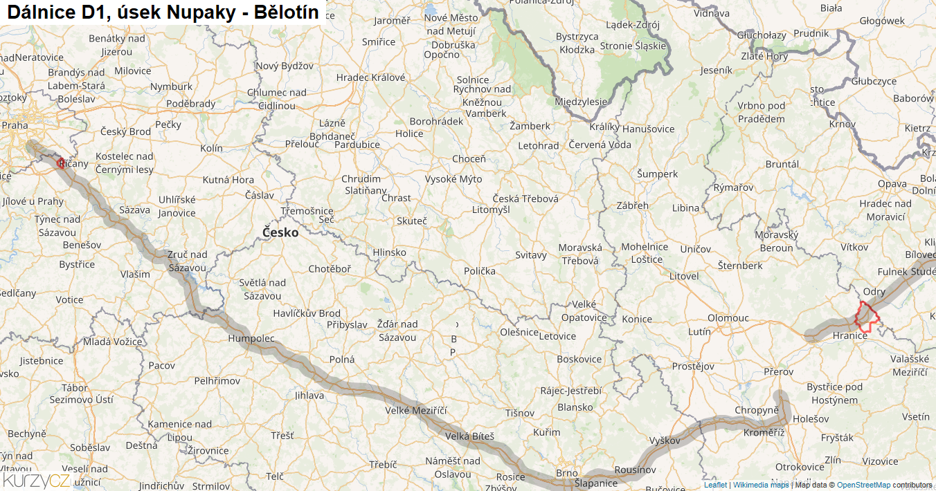 Úsek Nupaky - Bělotín, Dálnice D1 - Mapa