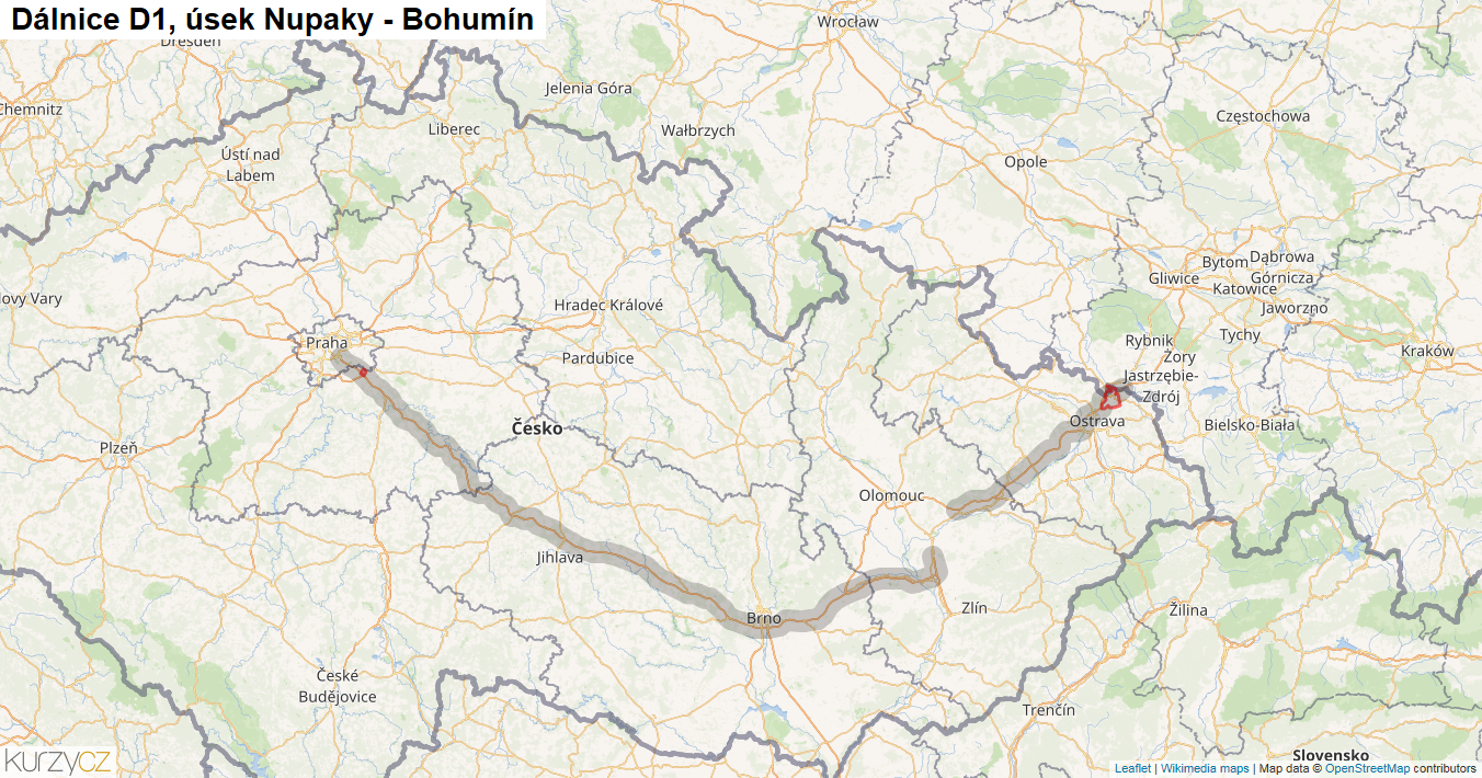 Úsek Nupaky - Bohumín, Dálnice D1 - Mapa