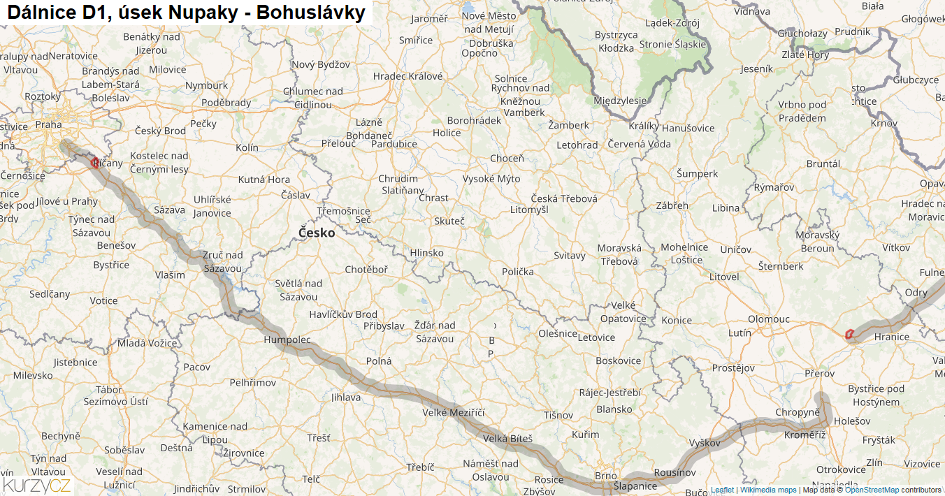Úsek Nupaky - Bohuslávky, Dálnice D1 - Mapa