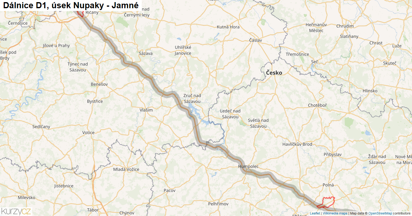 Úsek Nupaky - Jamné, Dálnice D1 - Mapa