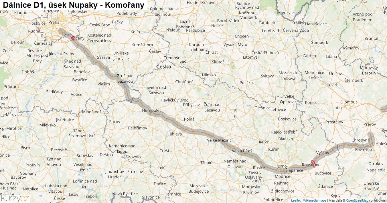 Úsek Nupaky - Komořany, Dálnice D1 - Mapa